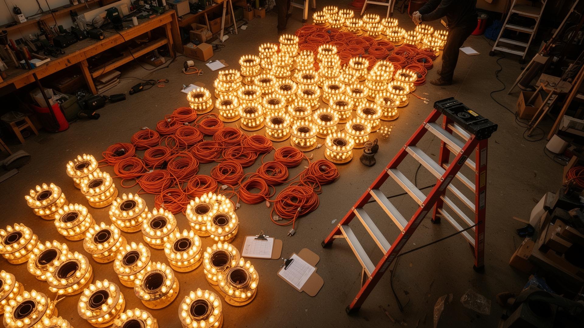 Christmas light spools, extension cords, and ladders staged for installation season